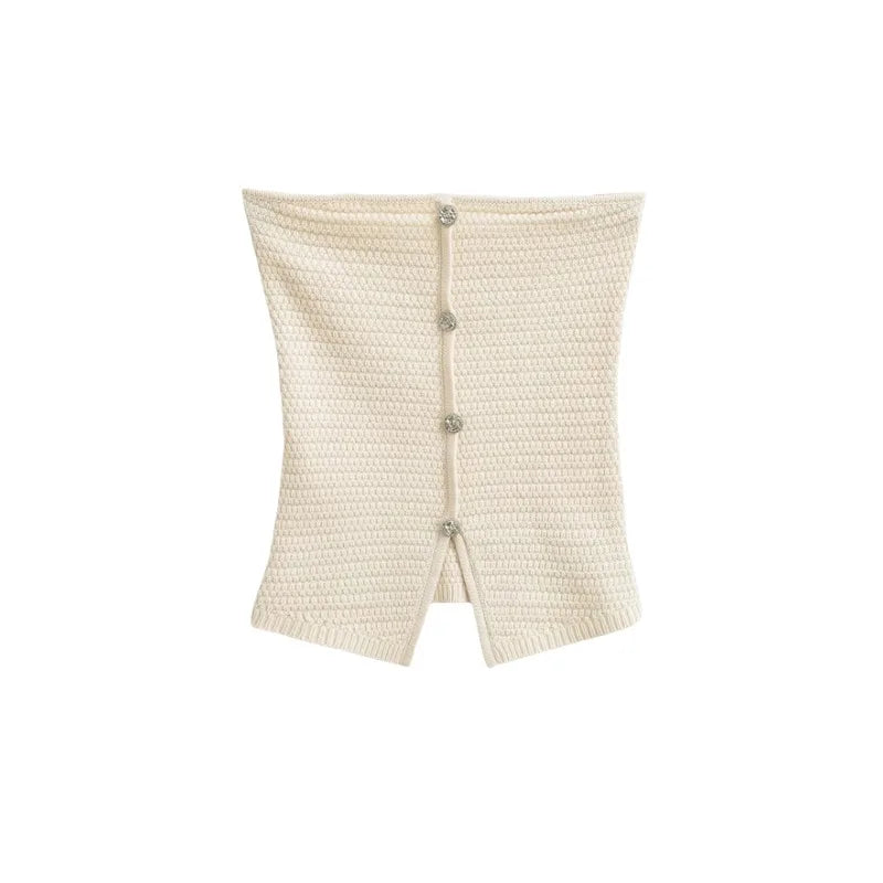 LIZAKOSHT  -  Women Off The Shoulder Button Up Sleeveless Knitted Crop Top