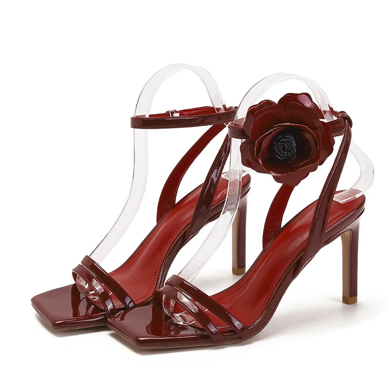 LIZAKOSHT  -  Summer Fashion Wine Red Patent Leather Flowers Ankle Strap Sandals Women Square Toe Gladiator High Heels Party Dress Shoes