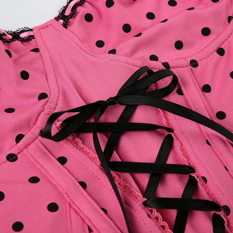 LIZAKOSHT  -  Fashionable Pink and Black Seductive Niche Polka Dot Strap Strap Top+sexy Sweet Striped Pleated Skirt