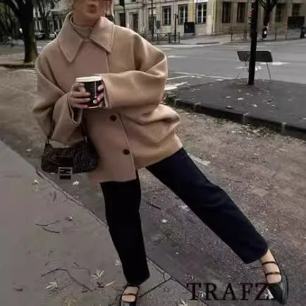 LIZAKOSHT  -  Elegant Single Breasted Wool Jacket Women Burgundy Loose Lapel Long Sleeve Pocket Female Coat 2025 Autumn Solid Commute Outwear