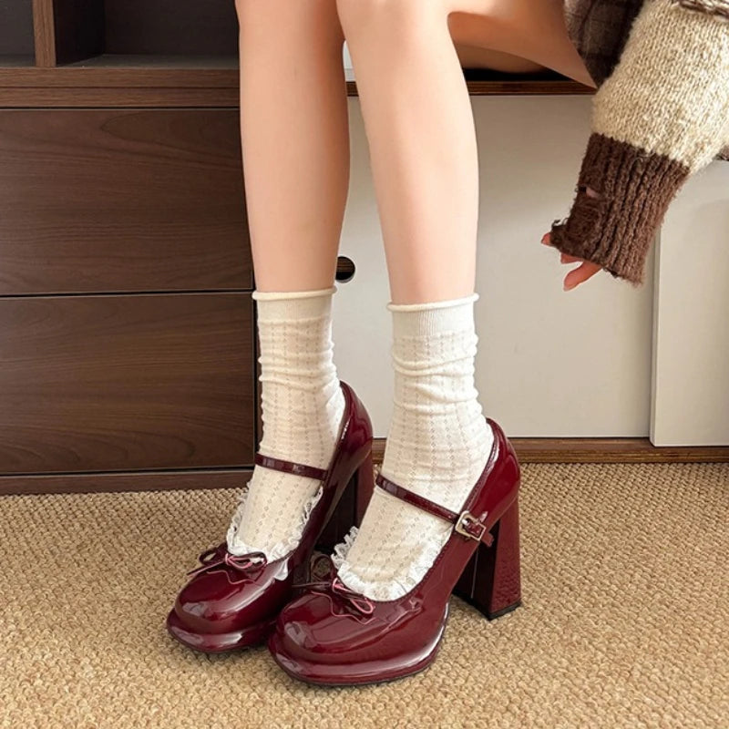 LIZAKOSHT  -  Street Style Thick Heel Women Mary Jane Shoes Concise Butterfly-knot Single Shoes Ladies Elegant Wedding Party Leather Pumps