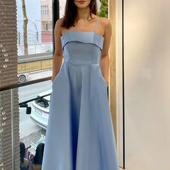 LIZAKOSHT  -  Sexy Waist Cinching Sleeveless Pleated Party Dress Leisure Ladies Solid Dresses French Style Vintage Satin Sling Evening Dresses