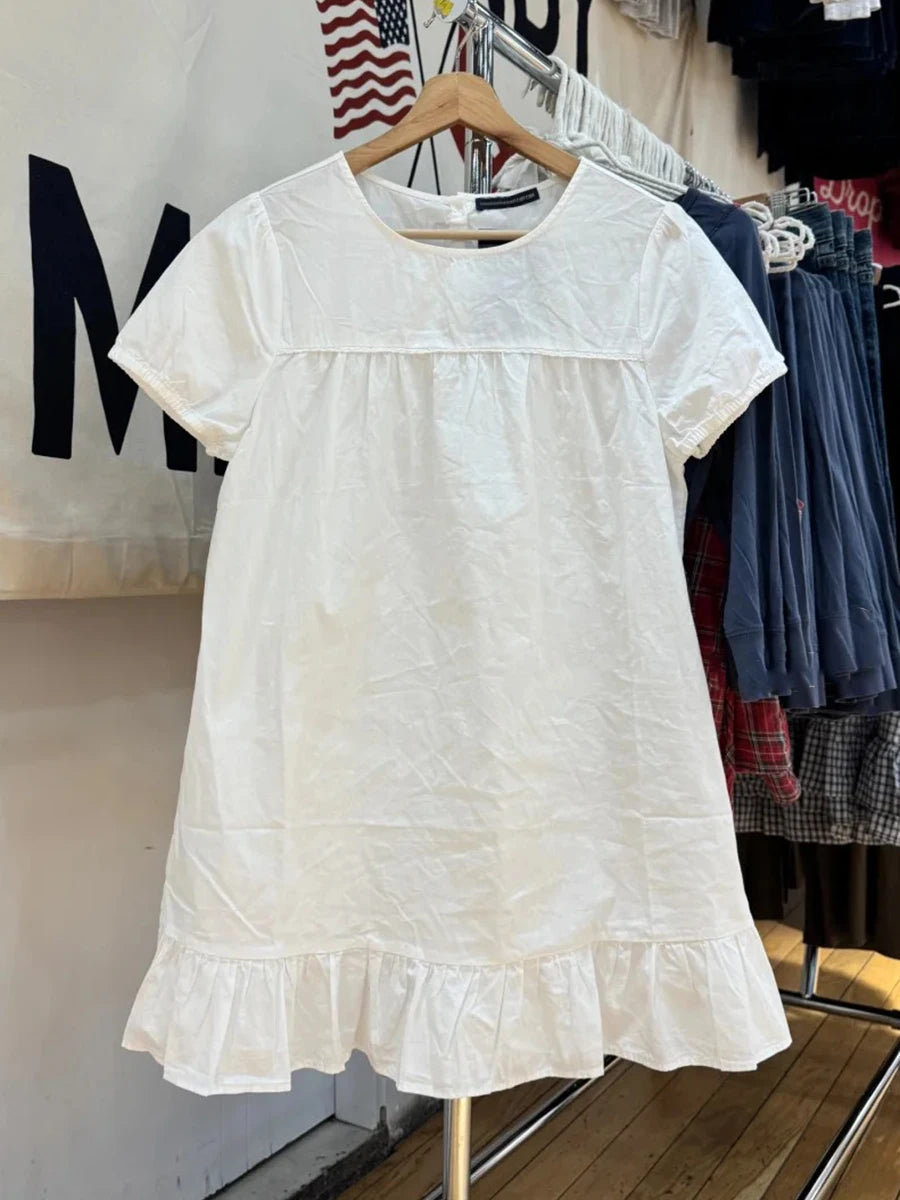 LIZAKOSHT  -   Solid Puff Sleeve Blair Dress Women Summer Chic Simple Ruffled Hem Cotton Loose Vestidos Sweet Cute Preppy Style Dresses New