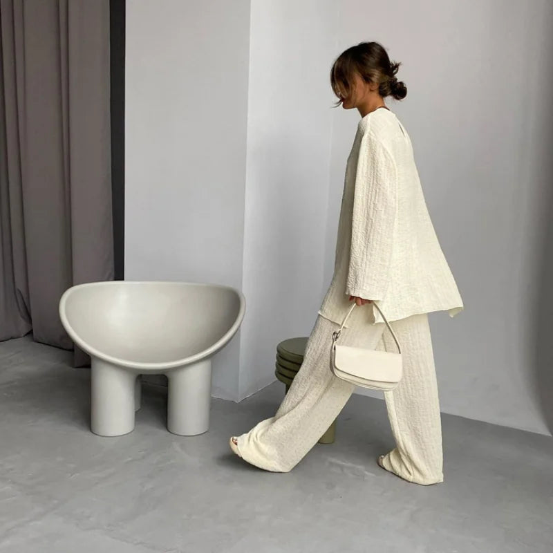 Lizakosht Women Pleated Outifits Casual Long Sleeve Matching Wide Trousers Suit Oversized 2 Piece Sets Vintage High Wasit Pant Set