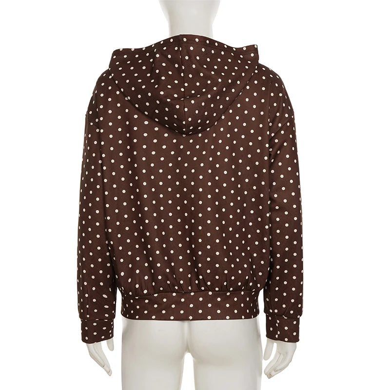 LIZAKOSHT  -  Retro Brown Polka Dot Print Hooded Sweatshirt Women Zip-Up hoodie Coats Clothes Women Autumn Going Out Outfit Streetwea