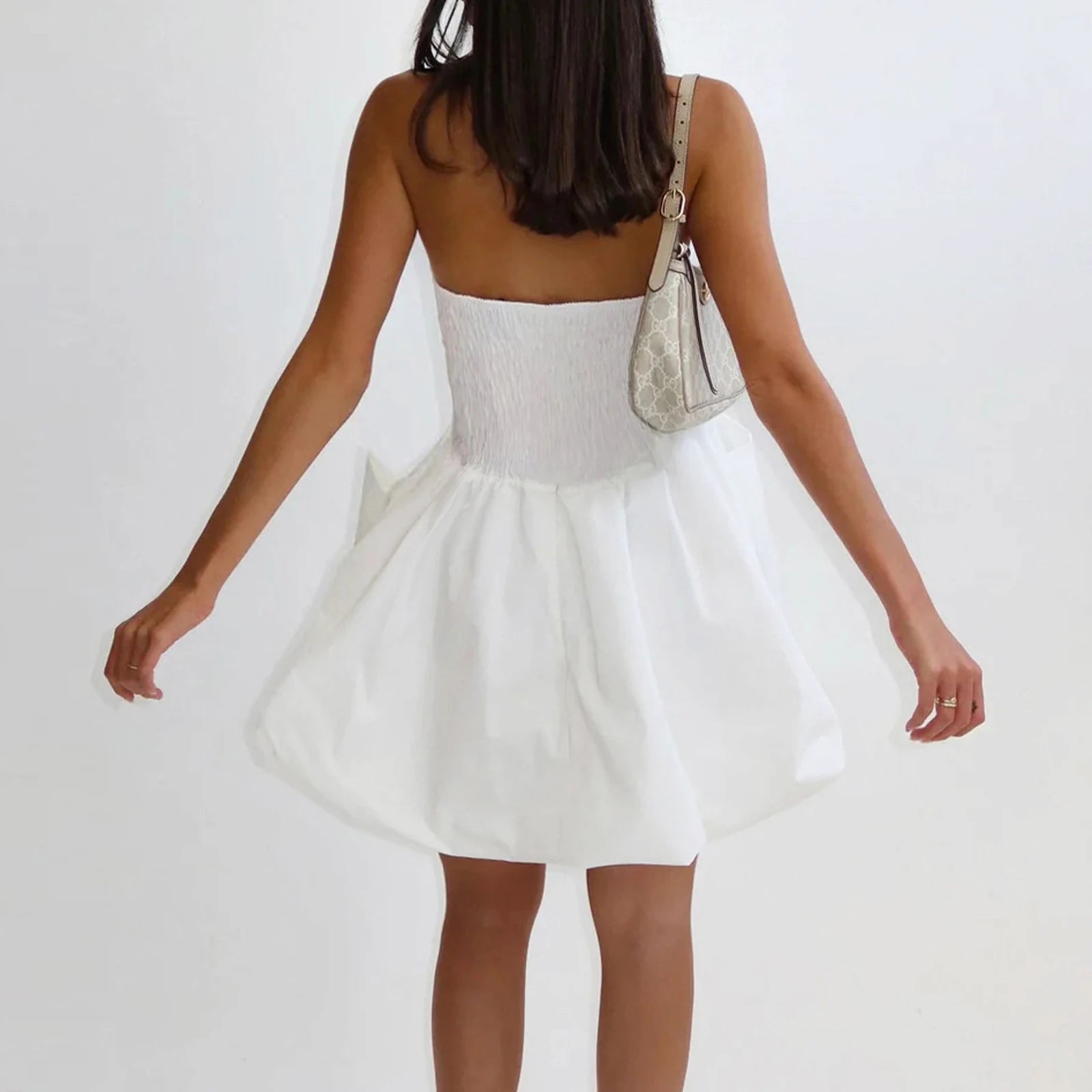 LIZAKOSHT  -  Women's Strapless Puffy Mini Dress Summer Backless Bubble A Line Dress Casual Party Cocktail Short Dress with Pocket