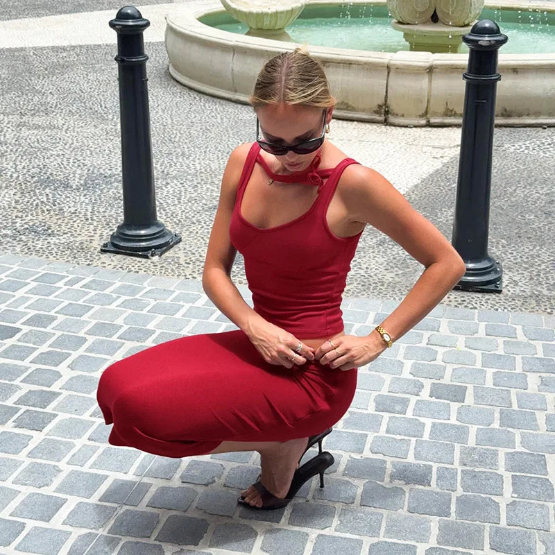 LIZAKOSHT  -  Womens Elegant Bowknot Sleeveless Tops+Midi Skirt Suit Summer Ladies Sexy Two-piece Dress Matching Sets Vacation Streetwear