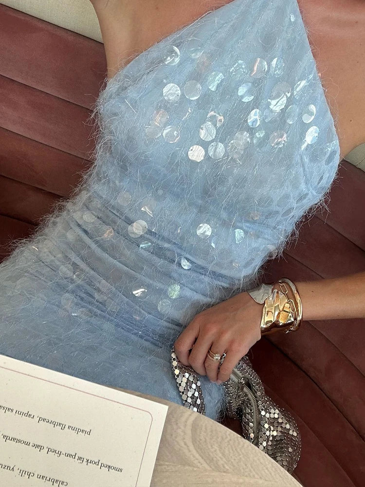 LIZAKOSHT  -  Retro Sequin Backless Halter Mini Dress Women Sexy Sleeveless Glitter Slim Fit Blue Short Dresses Lady Summer Chic Party Holiday