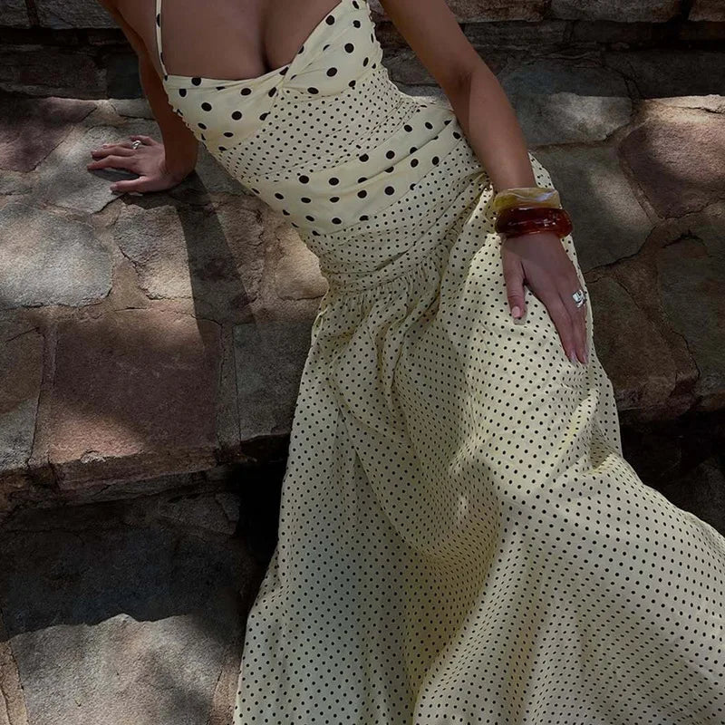 LIZAKOSHT  -  Women Polka Dot Halter Neck Maxi Dress Ruched A Line Vintage Elegant Holiday Beach Vacation Dress Spring Summer Outfit