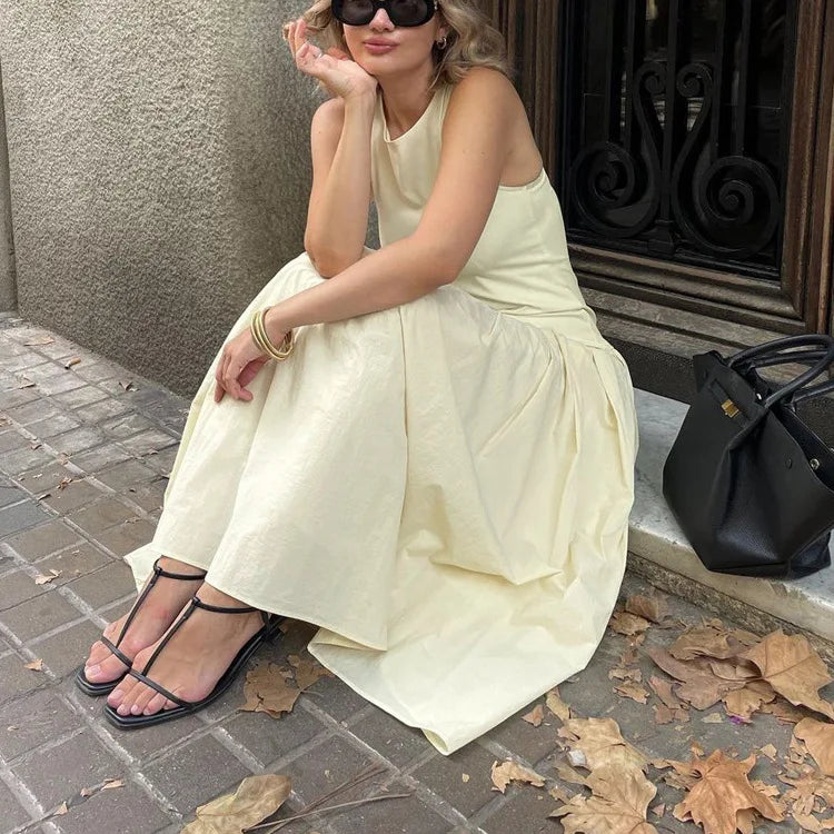 LIZAKOSHT  -  Summer New Women's French Sleeveless Round Neck Tank Top Dress Advanced Sense Slimming and Wrinkle Splicing Casual Long Dresses