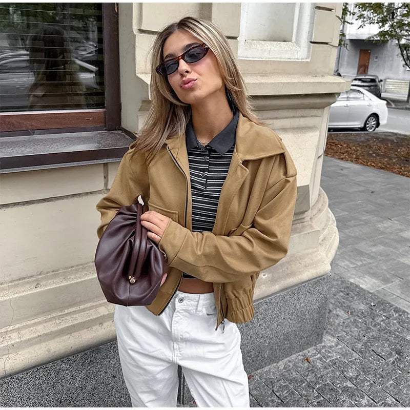 LIZAKOSHT  -  Casual Flip Collar Zipper Pocket Jacket Woman Solid Color Long Sleeves Loose Street Coats Chic Women's Warm Early Autumn Jackets