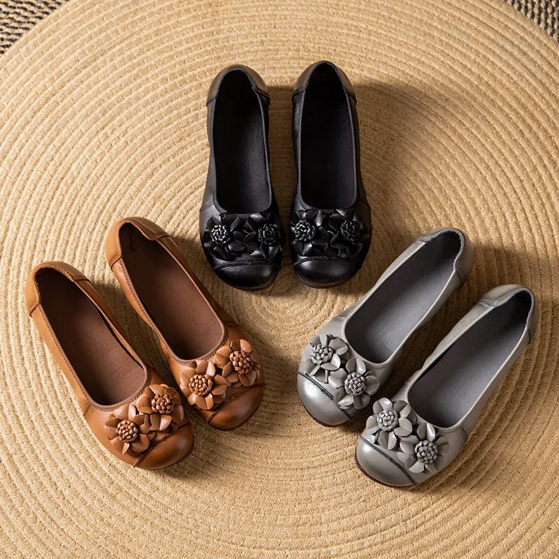 LIZAKOSHT  -  New Autumn Retro Mom Flats Floral Loafers Leather Ballet Flats Woman Non Slip Moccasins Ethnic Style Women's For Shoes