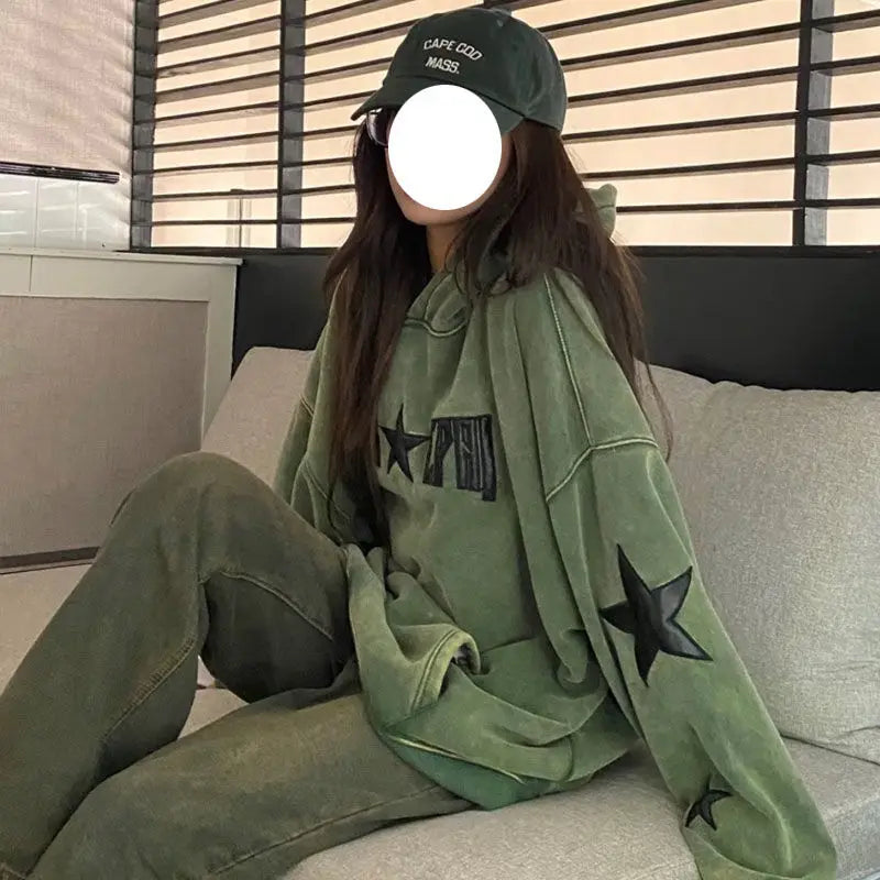 LIZAKOSHT  -  Harajuku Hoodie Women Streetwear Vintage Star Embroidery Y2k Tops Casual Hooded Korean Oversized Sweatshirt Clothes for Teens