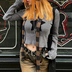 LIZAKOSHT  -  Autumn Fashion Star Patchwork Cropped Sweater Y2k Aesthetics Slim Tops Vintage Pullover Harajuku All Match Knitted Jumpers