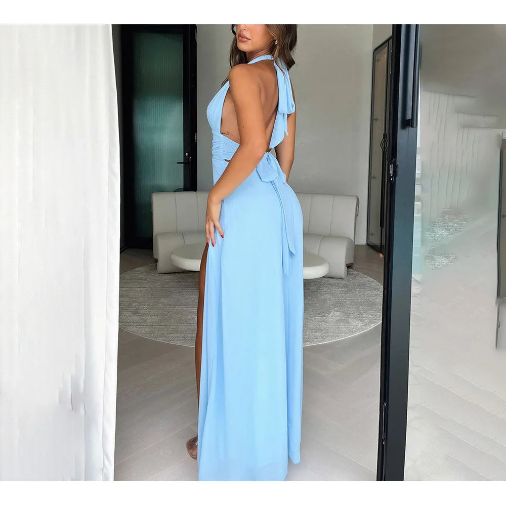 LIZAKOSHT  -  New Hanging Neck V-neck Strap Backless Slit Dress Temperament Long Skirt One-step Skirt for Women