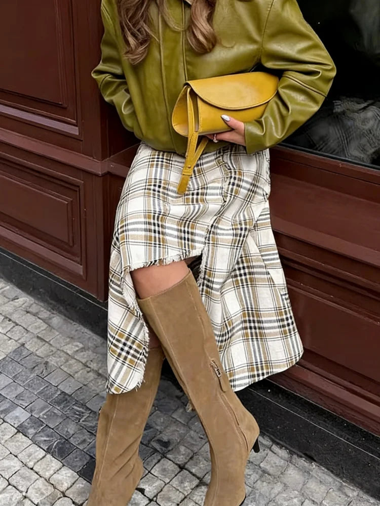 LIZAKOSHT  -  Women Casual Plaid Midi Skirt Chic Trendy Zip-up Asymmetrical Hem Skirt New  Spring Summer Women Holiday Party Skirt