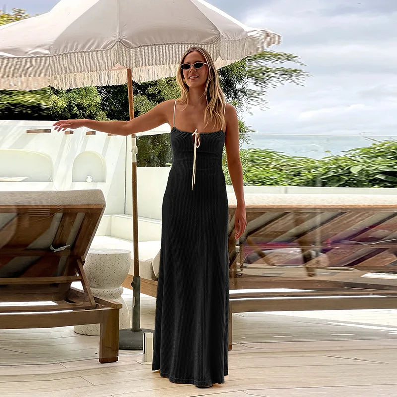 LIZAKOSHT  -  Knitted Sexy Backless Bandage Women Dress Yellow Spaghetti Strap Evening Dress Spring Slim Elegant Vacation Beachwear
