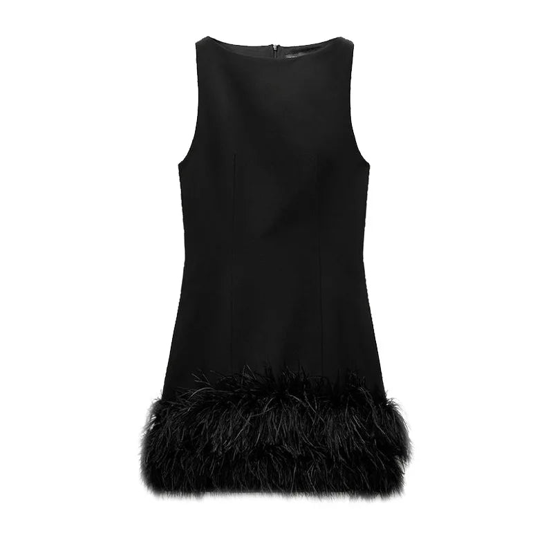 LIZAKOSHT  -  Sleeveless Feather Short Dress Black Women Socialite Party Evening Gown Round Neck Slim Fit Plush Ladies Fashion Slimming Dress