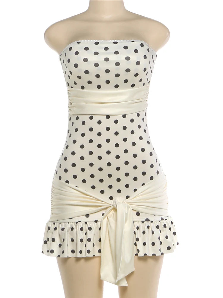 LIZAKOSHT  -  Sexy Polka Dot Print Dress Women Strapless Patchwork Bandage Knot Ribbon Stretch Chic Midnight Party Club Bodycon