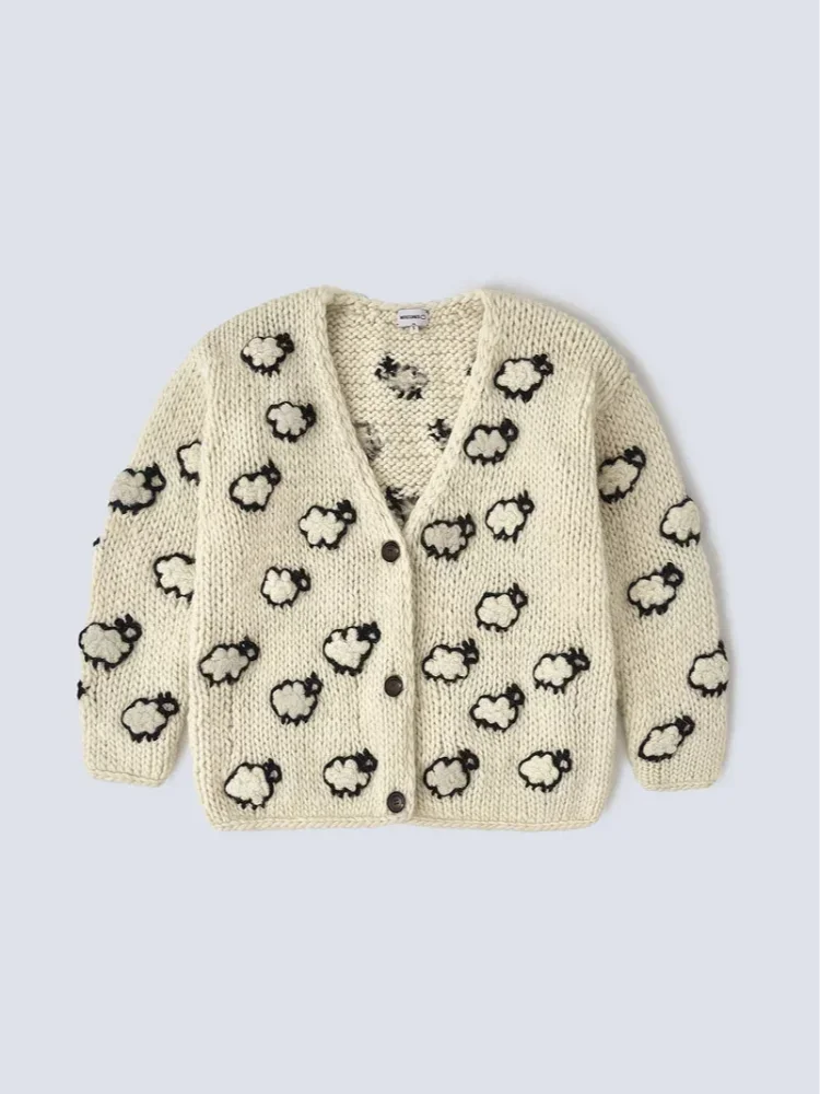 LIZAKOSHT  -  Women's Crochet Knitted V-neck Casual Cardigan Female Single Breasted Long Sleeved Sweater Female Streetwear Knitted Cardigans