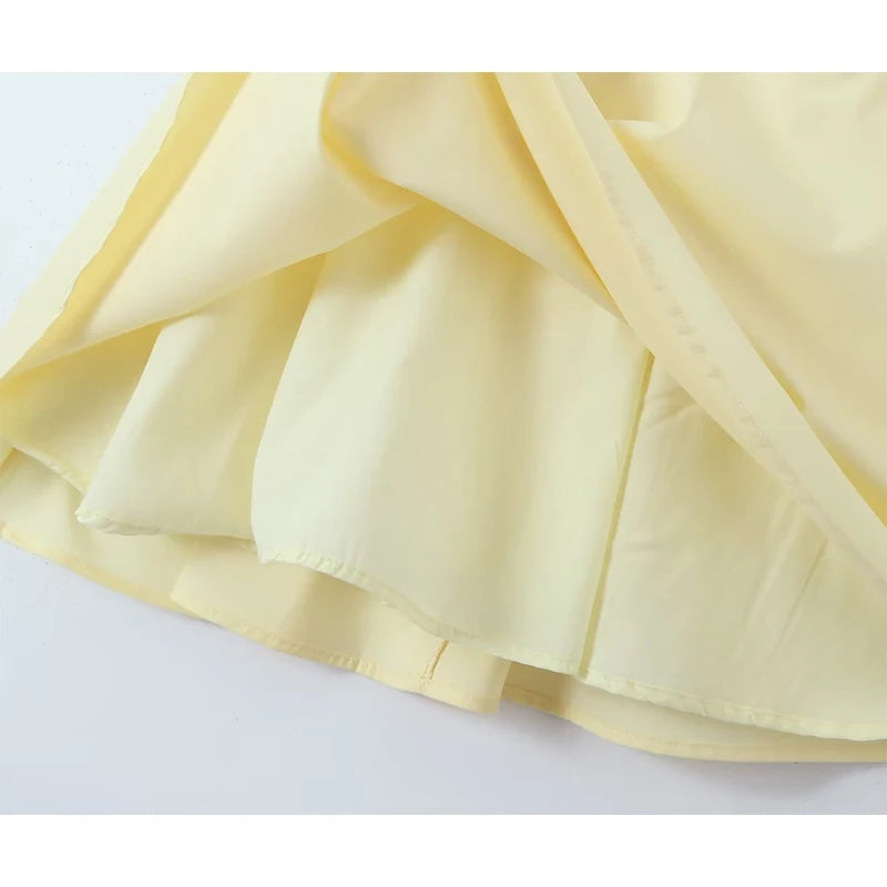 LIZAKOSHT  -  Sweet Women Lace Trim Yellow Dress Vintage Puff Sleeve Ladies A-line Mini Summer Dresses Lacing Up Robe