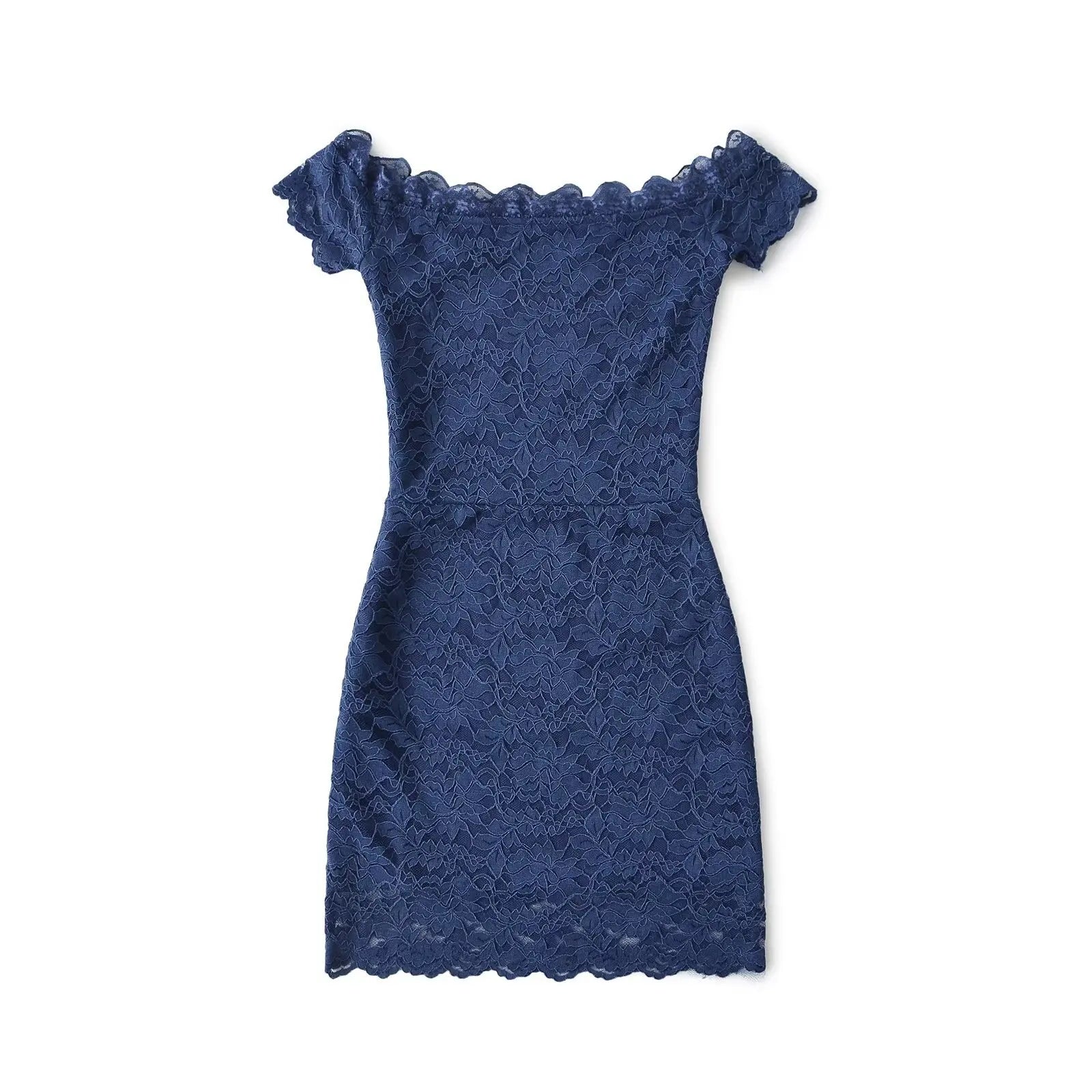 LIZAKOSHT  -  Pure Desire Style Sexy One-word Collar Slim-fit Lace Hollow Waist Hip Skirt Short Sleeve Dress Short Skirt Women's Clothing