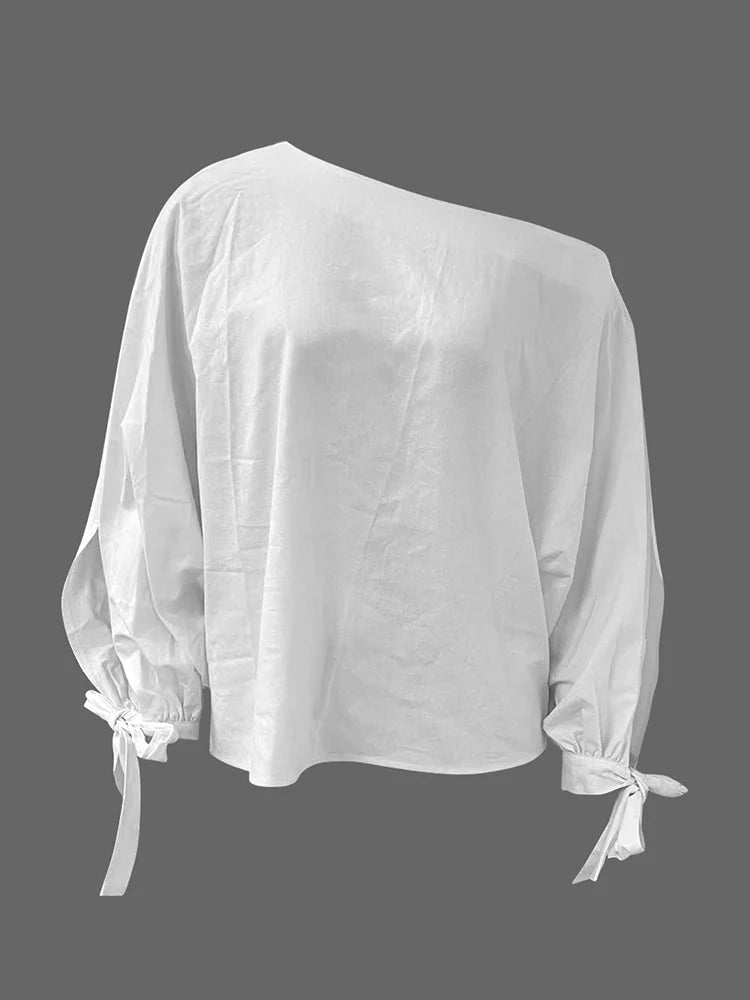 LIZAKOSHT  -  Simple Off Shoulder Women's Tees One-Shoulder Tops Elegant Loose Asymmetric Tied Casual White Blouses&Shirts Female