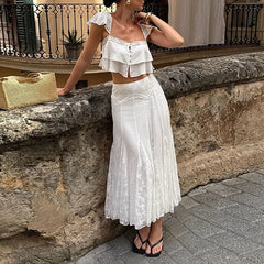 LIZAKOSHT  -  Square Neck Ruffled Crop Top & Pleated Midi Skirt 2-Piece Set Summer Fashion Boho Resort Vacation Casual Outfit