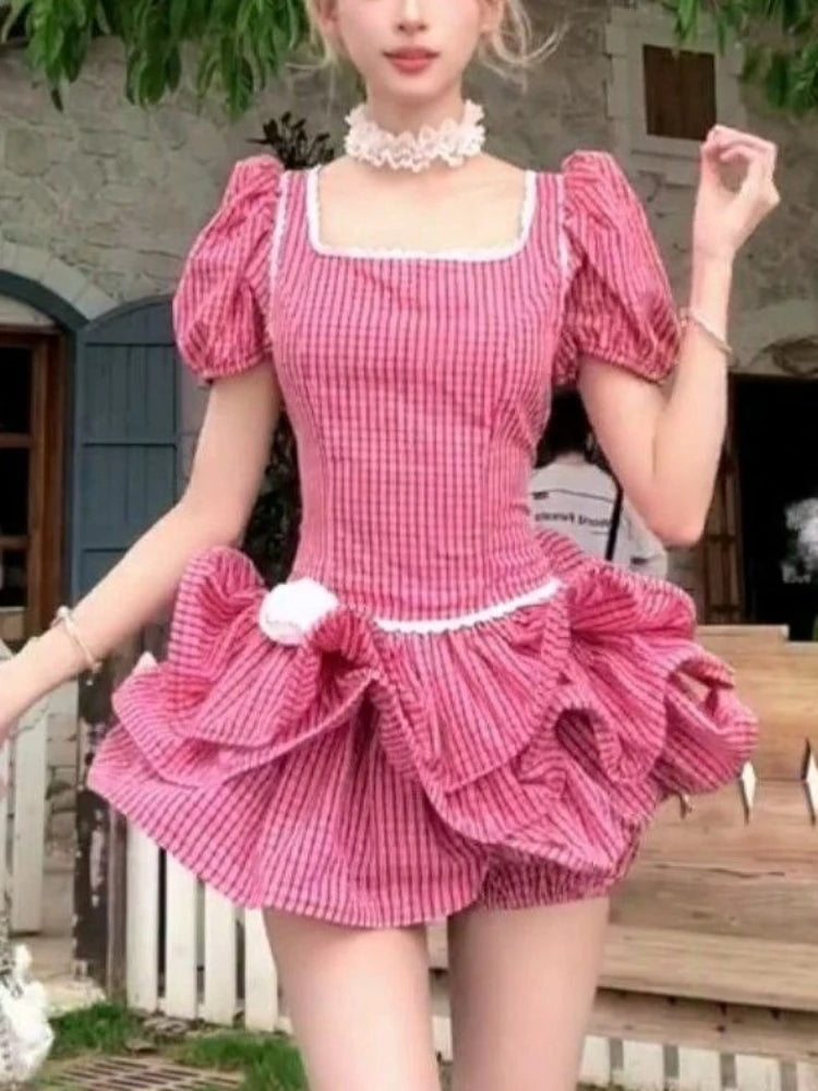 LIZAKOSHT  -  New Sweet Vintage Elegant 2 Piece Set Women Chic Puffy Sleeve Slim Dress + High Waist Pants Japanese Fashion Casual Chic Outfits