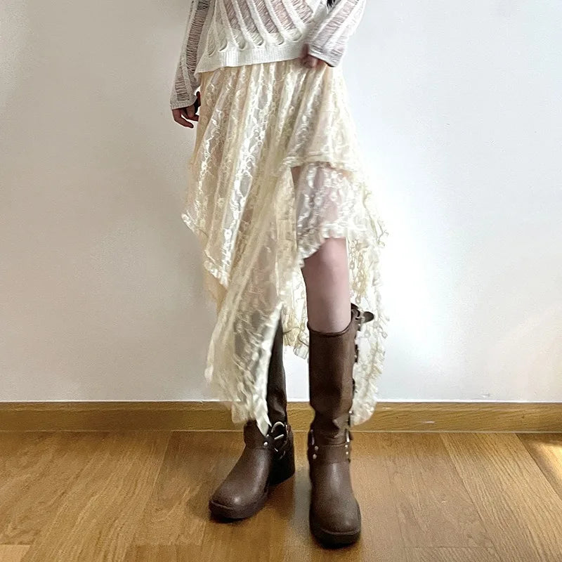 LIZAKOSHT  -  Elegant Fashion Vintage Chic Irregular Hem A-line Skirts Holiday Skirts for Women Vintage Ruffles Floral Kintted Lace Streetwear