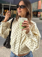 LIZAKOSHT  -  Polka Dot Lantern Sleeve Jackets Women High Collar Oversized Cropped Coats 2025 Lady Casual New Chic Commute Street Outerwear