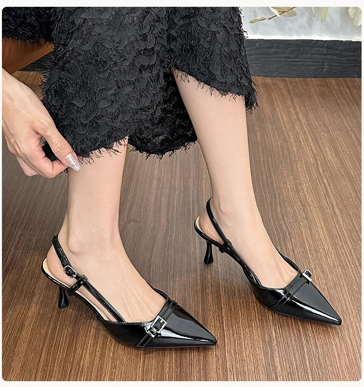 LIZAKOSHT  -  pointed toe japanned leather women sandals metal buckle slingback high heels summer shoes woman cutout sandalias de tacón