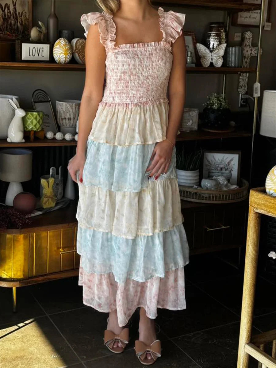 LIZAKOSHT  -  Women s Elegant Floral Print Chiffon Maxi Dress with Spaghetti Straps and A-Line Silhouette for Summer Beach Wedding Party