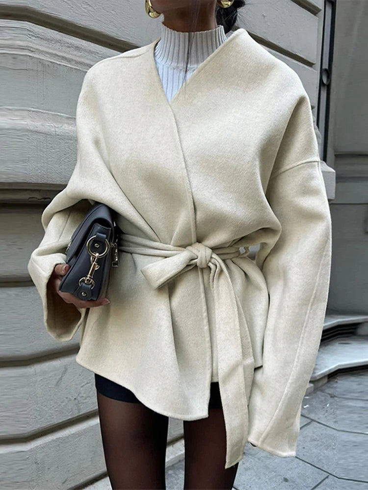 LIZAKOSHT  -  Elegant Lace Up Coat For Women V-neck Long Sleeve Slim Jacket Cardigan 2024 Autumn Winter Lady Streetwear Outwear New In Coats