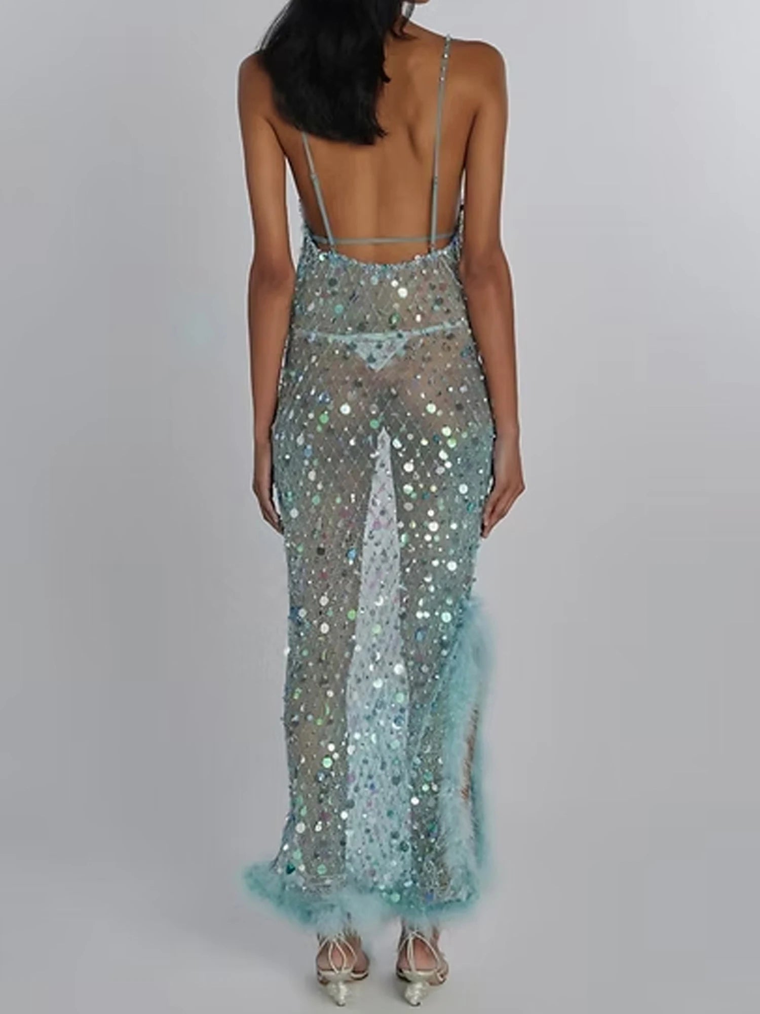 LIZAKOSHT  -  Elegant Lace Maxi Dress Sleeveless V-Neck Floral Embroidery Mesh Overlay Evening Gown with High Slit and Open Back