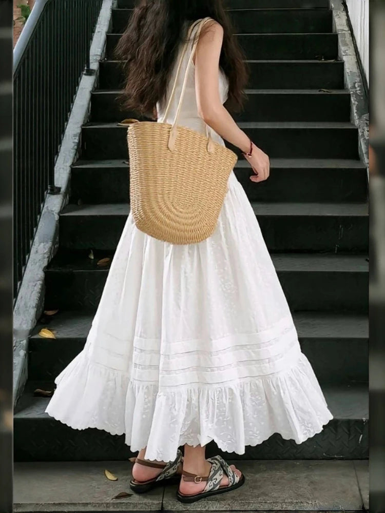 LIZAKOSHT  -  Summer Korean Solid Casual Loose A-LINE Flower Embroidery White Patchwork Ruffles Skirts