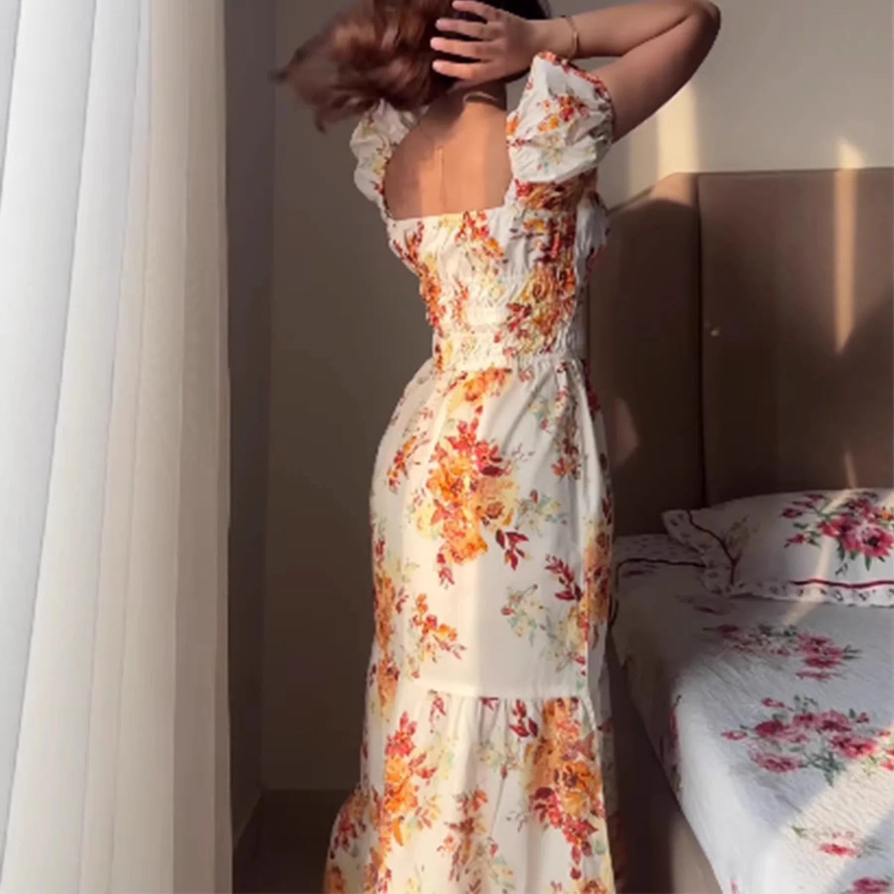 LIZAKOSHT  -  Floral Print Long Dress Women Y2K Square Neck Waist Cinching Spring European American Gentle Pastoral Style Maxi Dress