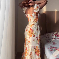 LIZAKOSHT  -  Floral Print Long Dress Women Y2K Square Neck Waist Cinching Spring European American Gentle Pastoral Style Maxi Dress