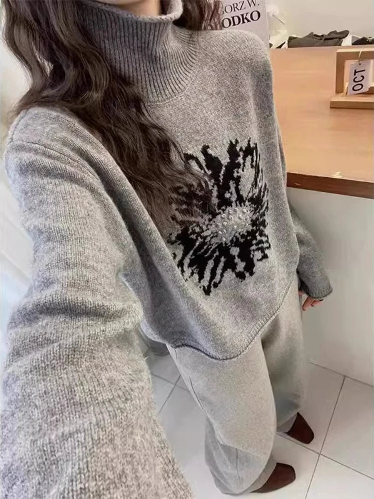 LIZAKOSHT  -  Women Y2k Aesthetic Vintage Flower Sweaters Streetwear Turtleneck Warm Winter Jumpers Grunge Harajuku Casual Loose Pullovers