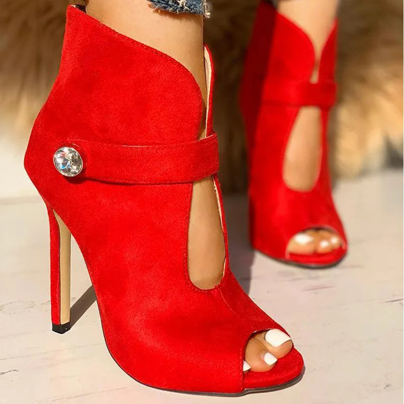 LIZAKOSHT  -  Suede Stiletto Heels Peep Toe Women Sandals Shoes Sexy Women's Buckle Metal Decoration Sandals