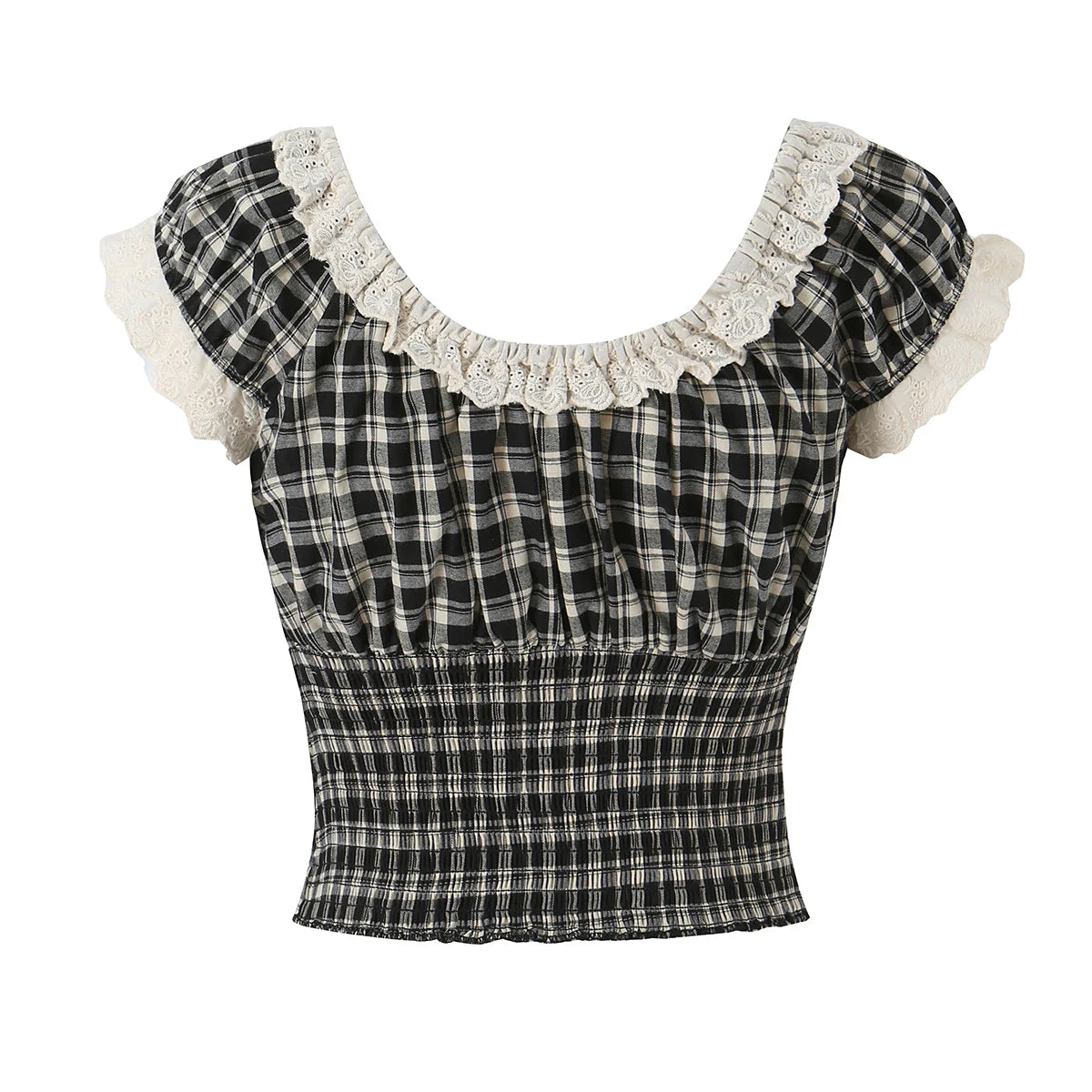 LIZAKOSHT  -  Summer Women Plaid Spliced Lace Bow O Collar Elastic Strap Tank Top Slim Corset Wood ears Slim Waist Elastic Back Crop Vest