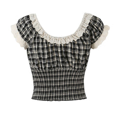 LIZAKOSHT  -  Summer Women Plaid Spliced Lace Bow O Collar Elastic Strap Tank Top Slim Corset Wood ears Slim Waist Elastic Back Crop Vest