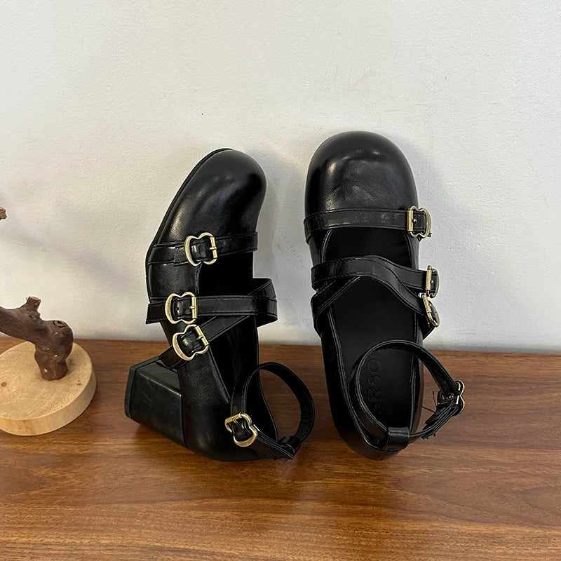LIZAKOSHT  -  Design Cross Strap Women Mary Jane Shoes Fashion Thick Heel Shoes Autumn Ladies Outdoor Dress Stripper Leather Shoes