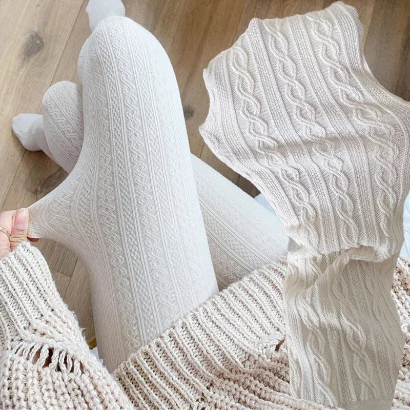 LIZAKOSHT  -  Japanese Winter Vertical Bar Warm Pantyhose Oat Color Skinny Full Foot Thickened Base Socks Candy Color Foundation Plush Tights