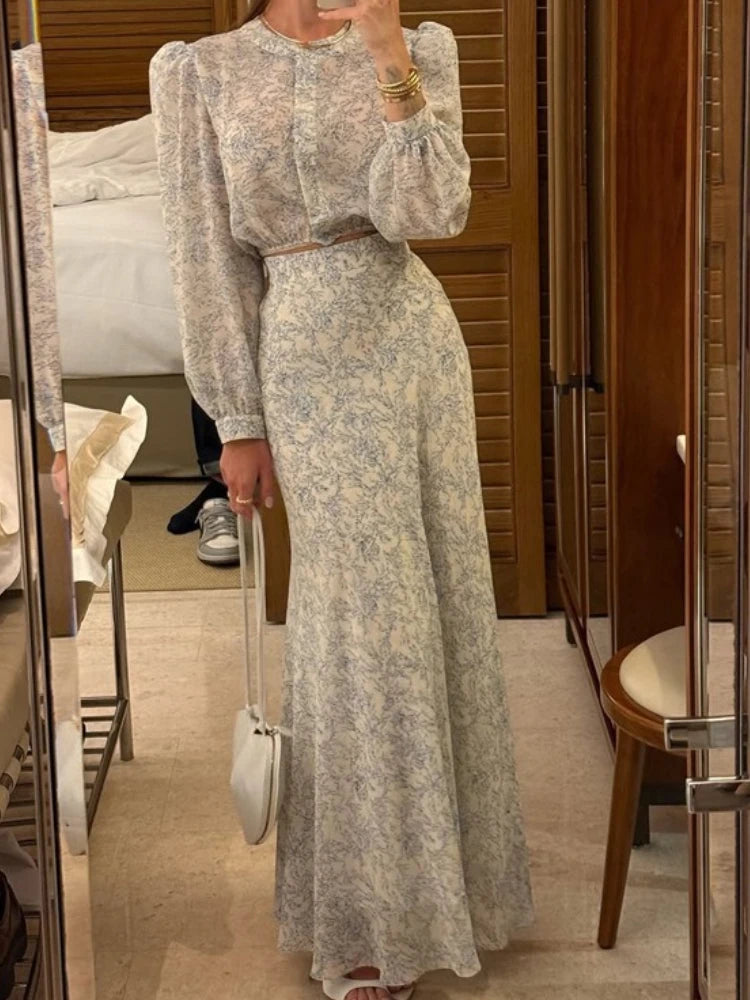 LIZAKOSHT  -  Commute Printed Female 2 Piece-Set Long Skirt Patchwork High Waist Short Top And Slim Maxi Skirt Sets New Women's Outfits