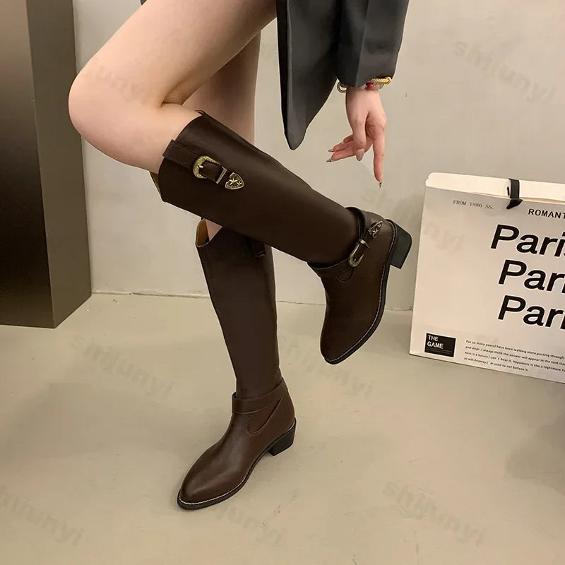 LIZAKOSHT  -  Women Mid Heels Knee High Chelsea Long Boots Fashion Metal Buckle Platform Motorcycle Boots Designer Pointed High Knight Boots