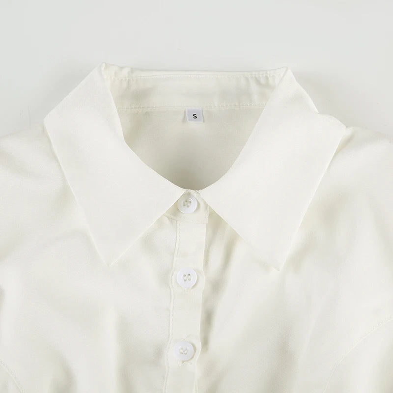 LIZAKOSHT  -  Casual Solid White Crop Blouses for Women Fashion Turn-down Neck Shirts Streetwear Korean Y2K Button Up Clothings