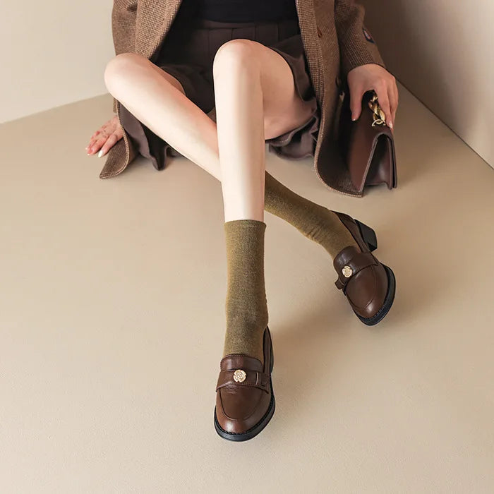 LIZAKOSHT  -  Women's British Shoe Autumn New Thick Heel Women Leather Shoe Versatile Anti Slip Women Casual Shoes Gold Buckle Women's Loafers