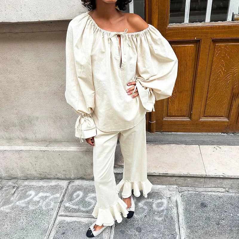 LIZAKOSHT  -  Autumn Casual Off Shoulder Top Pants Sets Women Pleated Lace Up Flare Sleeve Shirt Wide Leg Pant Lady Loose 2 Piece Suit