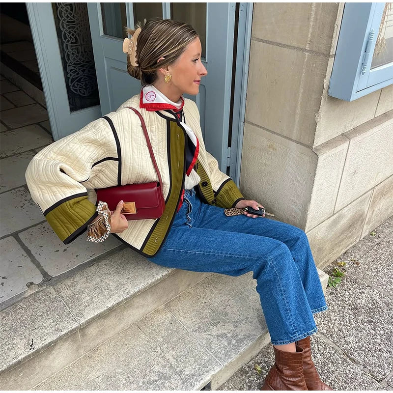 LIZAKOSHT  -  Casaul Patchwork Women Jacket Fashion O-neck Full Sleeve Single Breasted Pockets Coat 2025 Autumn Female Warm Street Wear